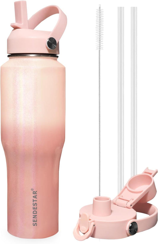 SENDESTAR 40oz Stainless Steel Water Bottle(Cold for 48 Hrs, Hot for 24 Hrs),Double Wall Vacuum Insulated Bottle with Straw Lid, Spout Lid and Flex Cap, Fit in Any Car Cup Holder TXIN-40-Laser G Pink