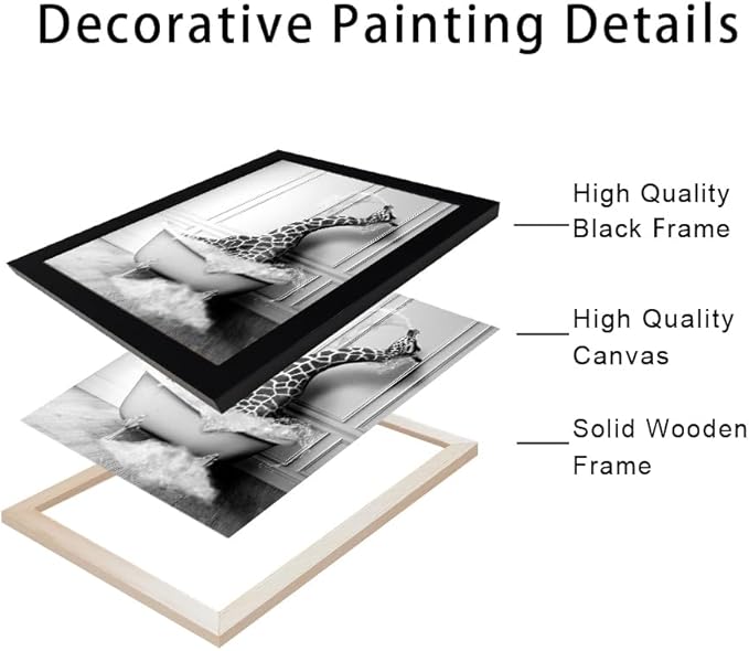 Black and White Bathroom Wall Art Funny Giraffe in Bathtub Wall Decor Framed - Image 3
