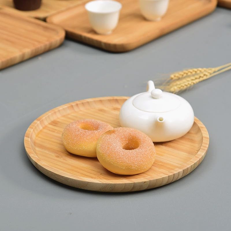 Round Bamboo Tray, Wood Serving Tray, Wooden Platter, Wood Charcuterie Board, Decorative Tray for Coffee Table, 9.8 inch