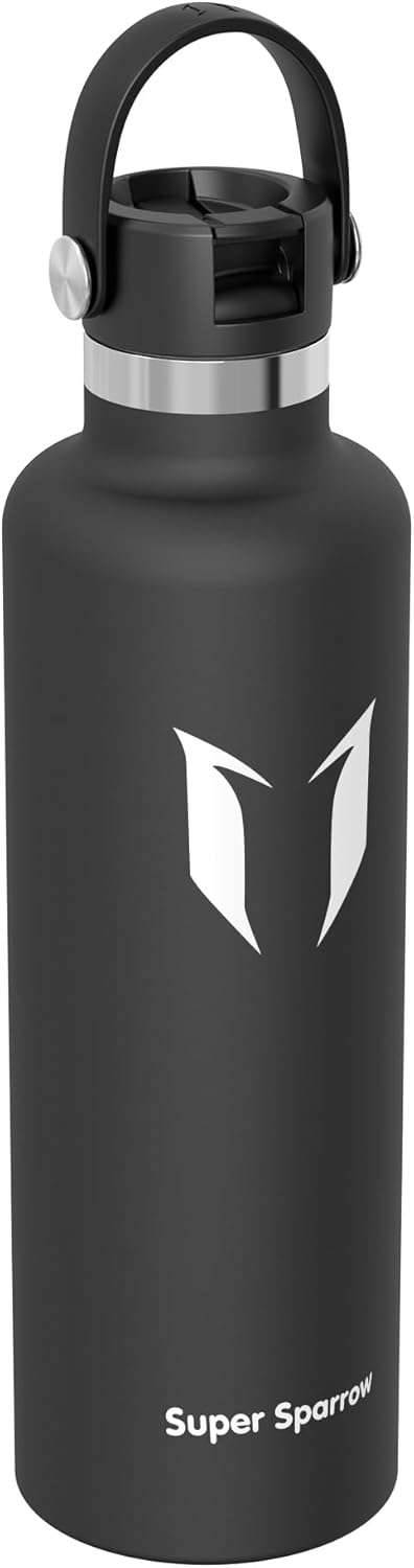 Super Sparrow Insulated Water Bottle - 17 Oz / 25 Oz / 32 Oz - Standard Mouth FlipFlow Flask - BPA Free, Leak Proof Drink Bottle- Ergonomic Straw Water Bottles for Work, Gym, Travel, Sports