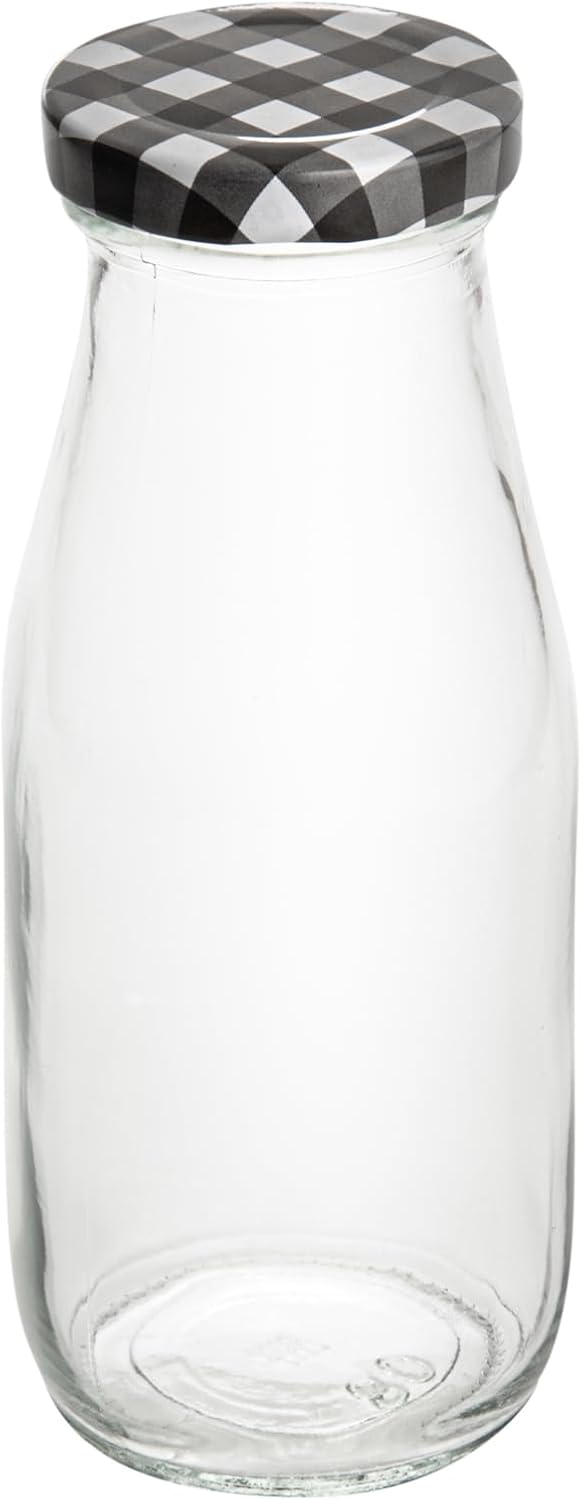 Restaurantware French Countryside 11 Ounce Glass Bottles 10 Durable Juice Bottles - With Black Plaid Lid Dishwashable Clear Glass Countryside Bottles For Hot And Cold Beverages
