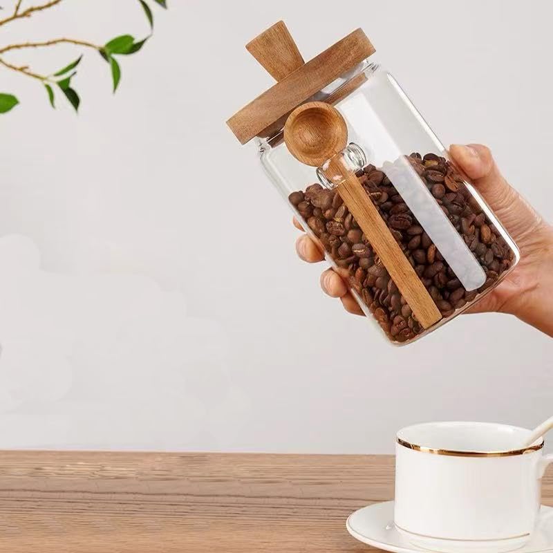 Glass Jars Containers with Wooden Handles Lids and Scoop Clear Canister Jars Set with Spoon for Kitchen Food Storage Coffee Tea Sugar Decorative Countertop Organization Jars 25 oz