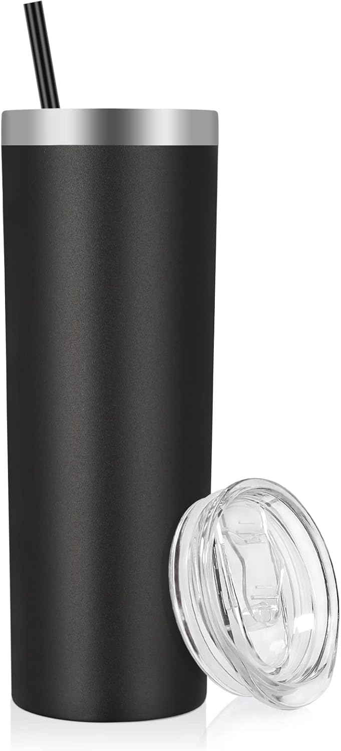 VEGOND Stainless Steel Skinny Tumbler, 20 oz Vacuum Insulated Tumbler with Lid and Straw, Double Wall Coffee Cup, Travel Mug for Cold Hot Drinks, Black 1 Pack