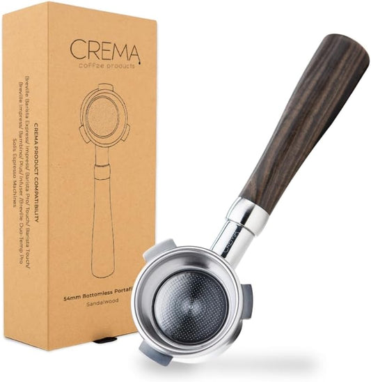 Crema Coffee Products 54mm Bottomless Naked Portafilter | Compatible with 54mm Breville Machines | Includes Double Shot Filter Basket | Sandalwood