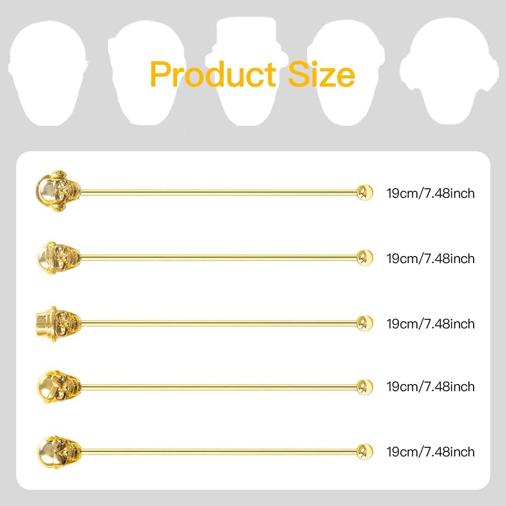 Skull Shape Swizzle Sticks, Reusable Stainless Steel Coffee Beverage Stirrers Cocktail, 5-Pack Drink Stir Sticks for Bar Party Home Office (Gold)