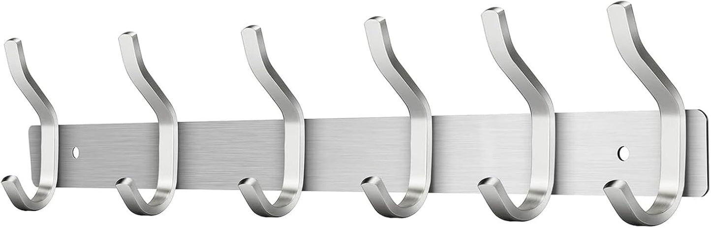 Wall Hooks Heavy Duty, 17 Inch Coat Rack Wall Mount with 6 Hooks, Silver Wall Hooks for Hanging Backpack, Bag, Purse, Clothes, Hat, Coat, Towel | Entryway & Bathroom Storage Organization Hanger