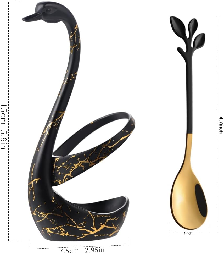 AnSaw Small Coffee Spoon Holder Set,Black Swan Base With 10 Pcs Black & Gold Demitasse Espresso Spoons Set,4.7" Mini Leaf Dessert Spoon,Stainless Steel Tea Spoons