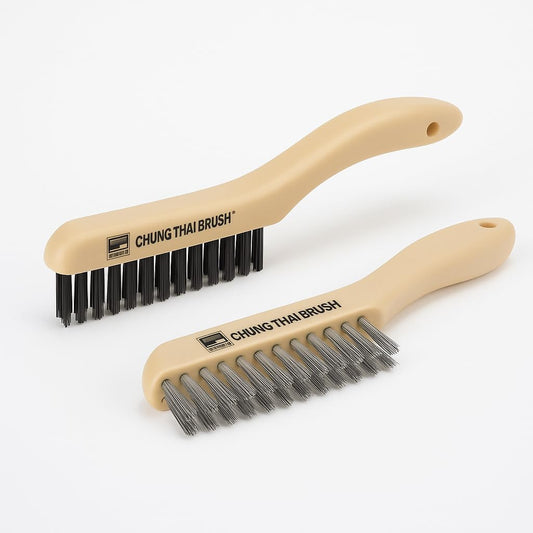 10” Plastic Handle Wire Brush Set (C80400) – 2 Pack 4 Row Scratch Brush Premium Carbon Steel Bristles and Stanless Steel Set, Durable, Paint Removal, Rust Removal, Scrubbing, Deep Cleaning