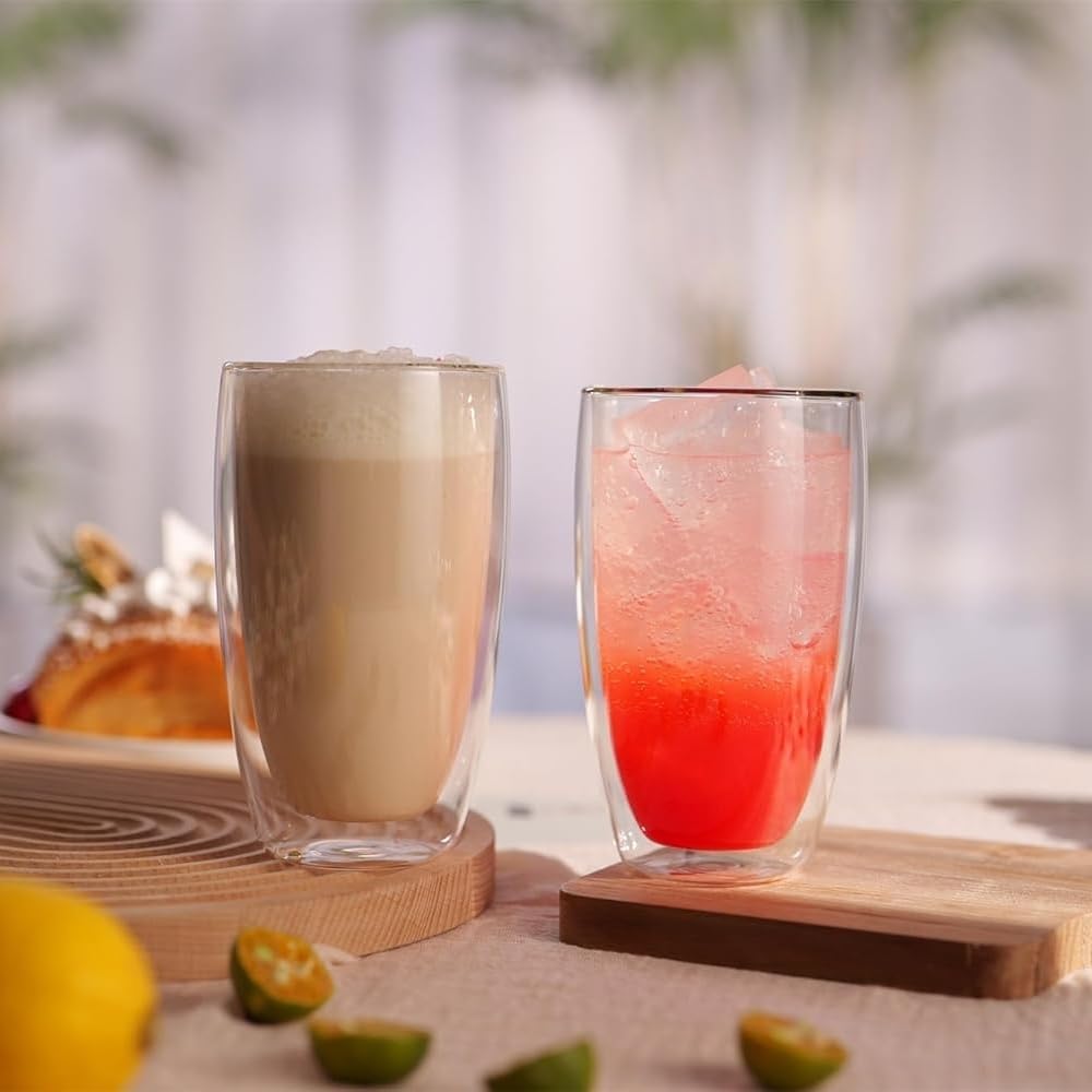 17oz Double Wall Glass Coffee Mugs Set of 2, Insulated Coffee Mug, Clear Borosilicate Glass Coffee Cups for Cappuccino, Tea, Lightweight and Microwave Safe