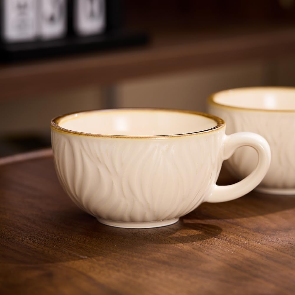 Set of 6 Vintage Design 12 oz Professional Barista Ceramic Latte Art Cappuccino Cups Set (Wave Beige)