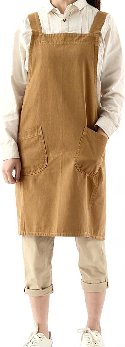 Soft Cotton Linen Apron for Women - Non-tie Cross Back Apron with Pockets, Great for Florist and Kitchen