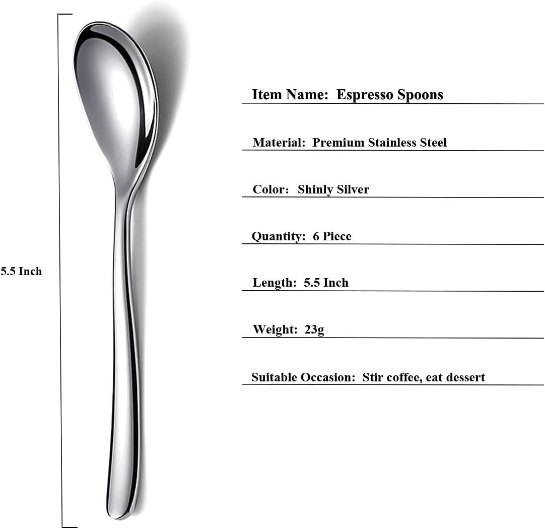 Demitasse Espresso Mini Spoons, 5.5'' Stainless Steel, Set of 6, Dishwasher Safe (Silver)