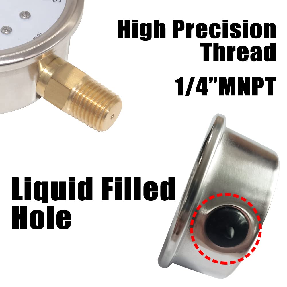 2-1/2" Dial 1/4" NPT 0~200Psi 304 Stainless Steel Glycerin Filled Pressure Gauge Bottom Mount