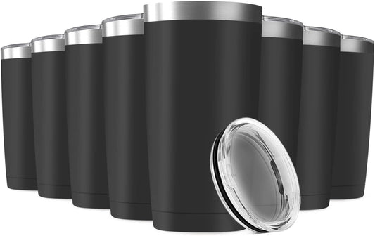 8 Pack 20oz Tumbler Vacuum Insulated Travel Mug with Lids, Stainless Steel Double Wall Bulk Cup for Home, Office, Outdoor Suitable for Vehicle Cup Holders(Black)