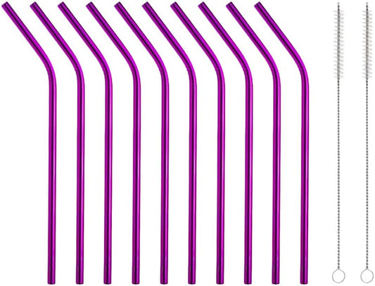 10 Pcs Stainless Steel Straws, Reusable Drinking Straws, Bent Metal Straw Sets with 2 Pcs Cleaning Brushes (Rose Red, 8.5 Inch)