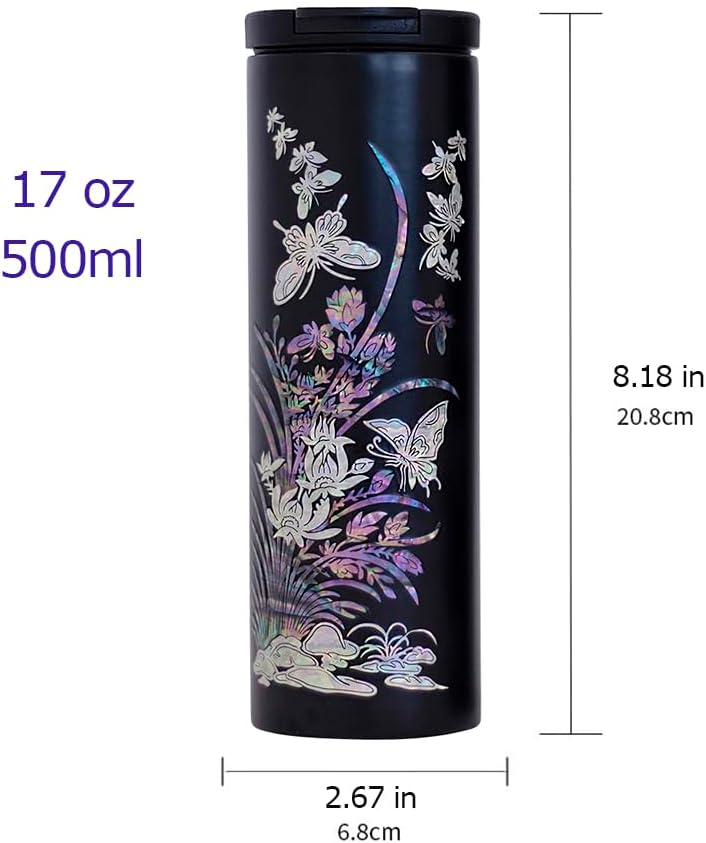 Mother of Pearl Design Stainless Steel Water Bottle 17 oz Leakproof Screw Cap Wide Mouth Double Wall Vacuum Insulated Travel Sport Water Flask Thermo Mug (Orchid Flower)