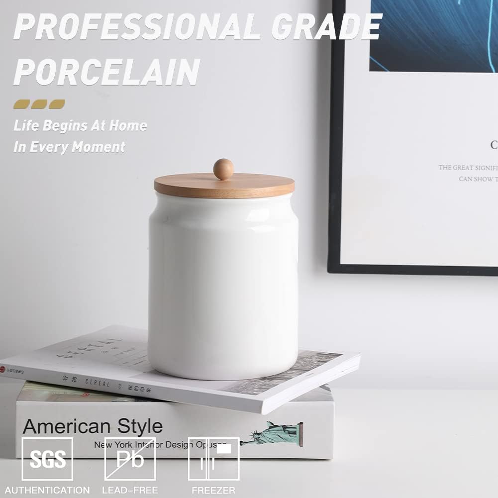 Sweejar Ceramic Kitchen Canisters, 58 FLOZ Porcelain Food Storage Jar with Airtight Seal Wooden Lid, Home Container Serving for Coffee Beans, Tea-leave, Sugar, Salt and More, Tool Bucket (White)