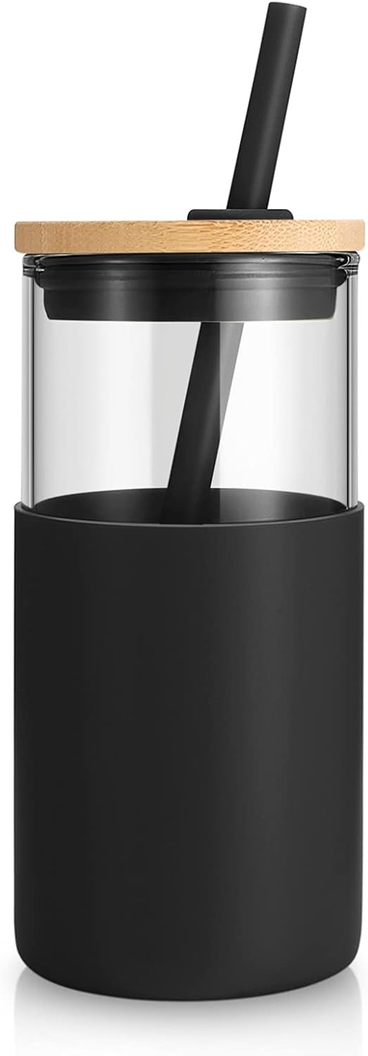 Tronco 16 oz Glass Tumbler with Straw and Bamboo Lid, Iced Coffee Cup Reusable, Smoothie Cups, Tumbler with Silicone Protective Sleeve - BPA Free