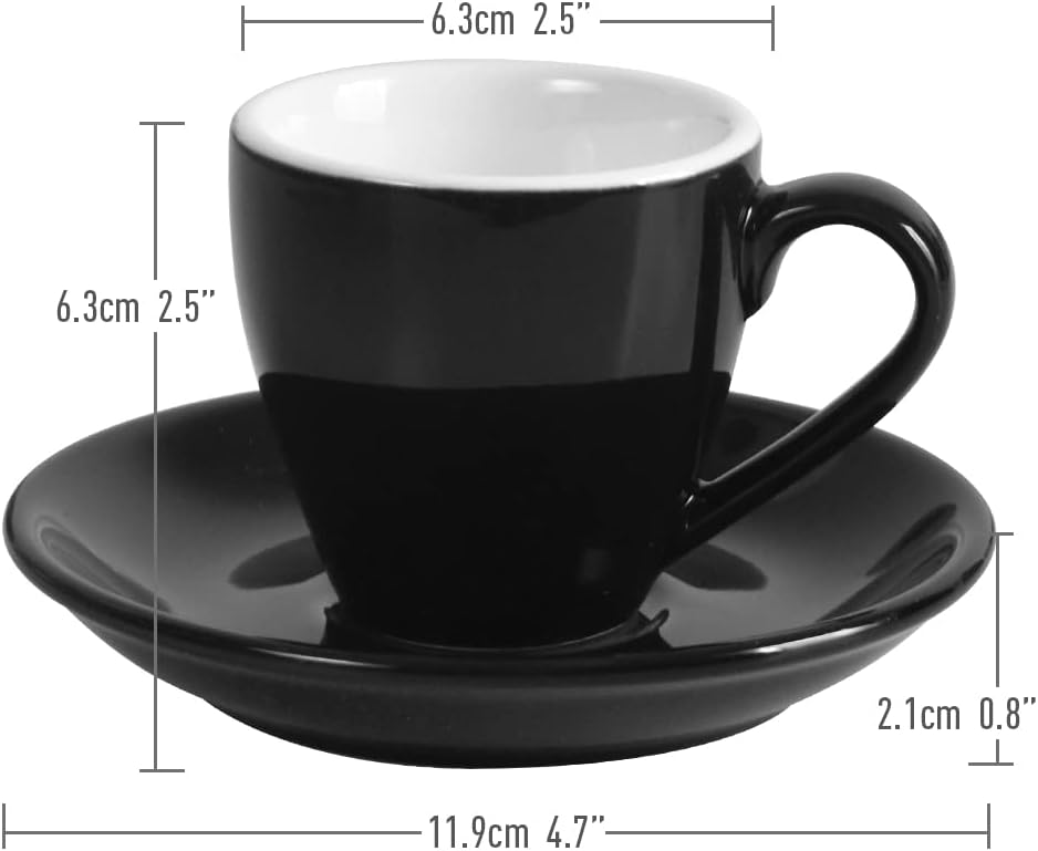 Porcelain Espresso Cup with Saucer And Stainless Steel mini Spoons, Espresso shot Cup, 80ml/2.7Oz, Pack of 2, Black