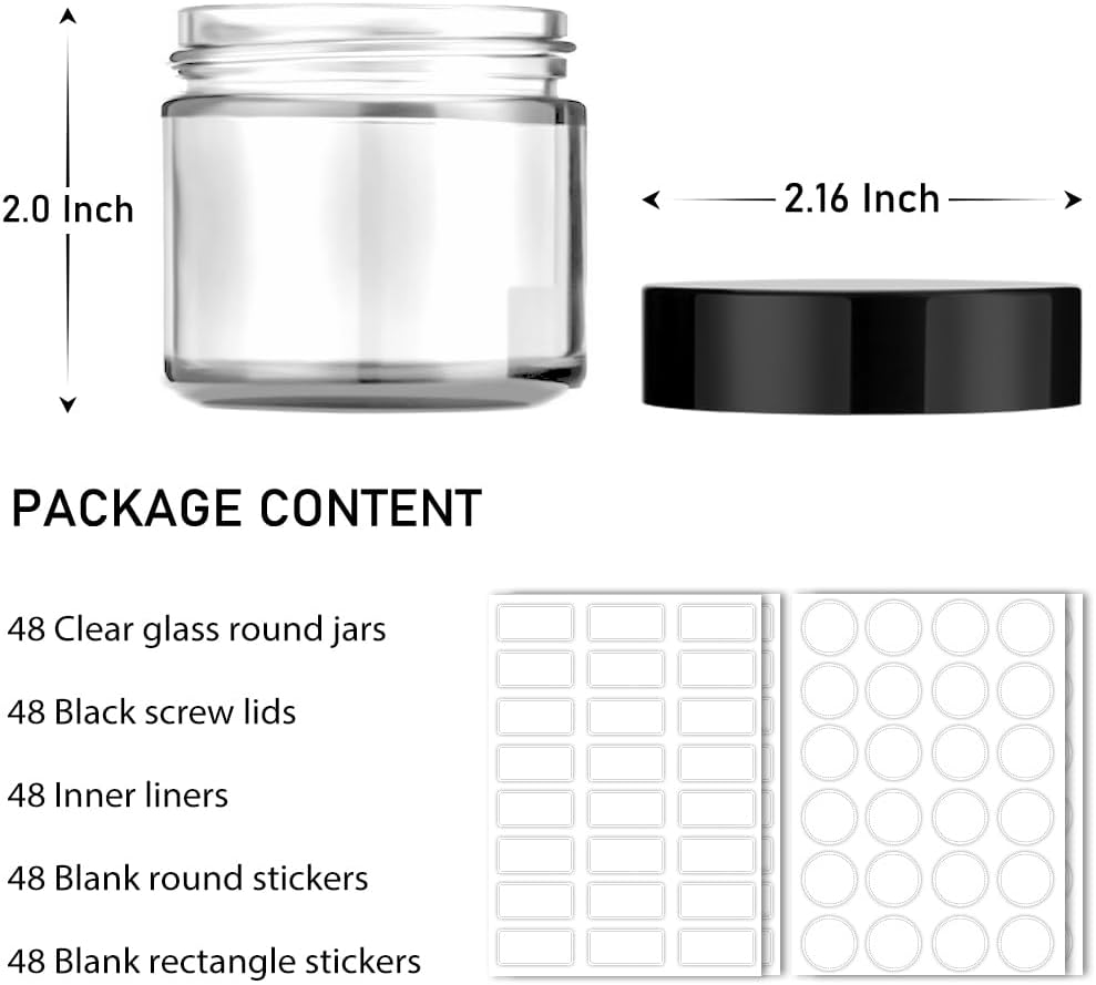 2 oz Small Glass Containers With Lids, Bumobum 48 Pack Clear Cream Jars with Lids, White Labels & Inner Liners, Empty Round Clear Cosmetic Jars for Ointments, Lotions
