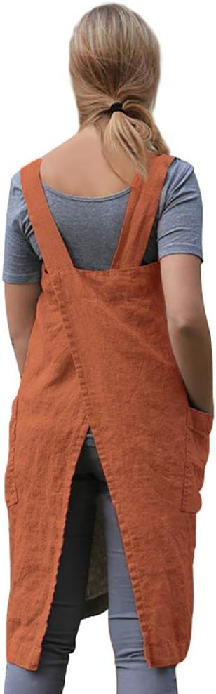 Women's Pinafore Square Apron Baking Cooking Gardening Works Cross Back Cotton/Linen Blend Dress with 2 Pockets