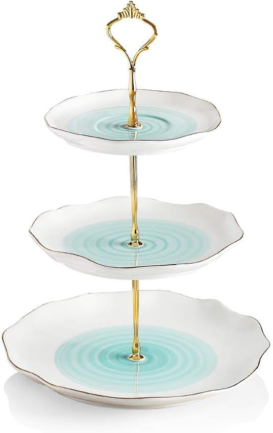 Sweejar 3 Tier Ceramic Cake Stand,Dessert Stand,Cupcake Stand,Tea Party Pastry Serving Platter,Food Display Stand for Tea/Coffee/Birthday/Wedding/Women/Afternoon/Gift - Blue