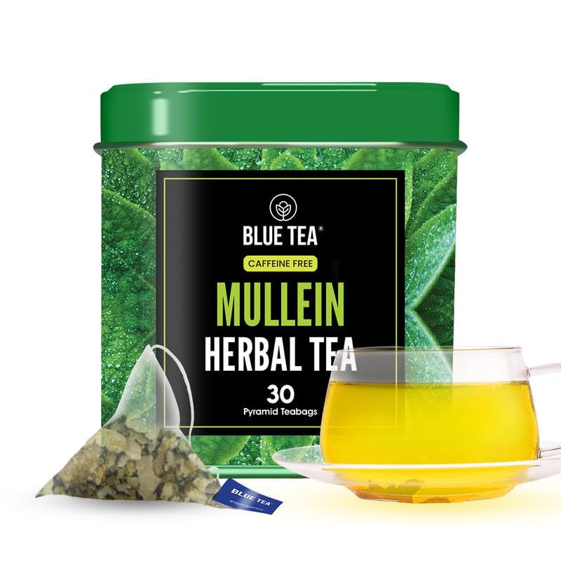BLUE TEA - Mullein Tea - 30 Count - Pyramid Plant Based Tea Bag | LUNGS DETOX - FOR RESPIRATORY SUPPORT | Herbal Tea - Caffeine Free - Leaf Based - Non-Bitter - Vegan | Ziplock Pack