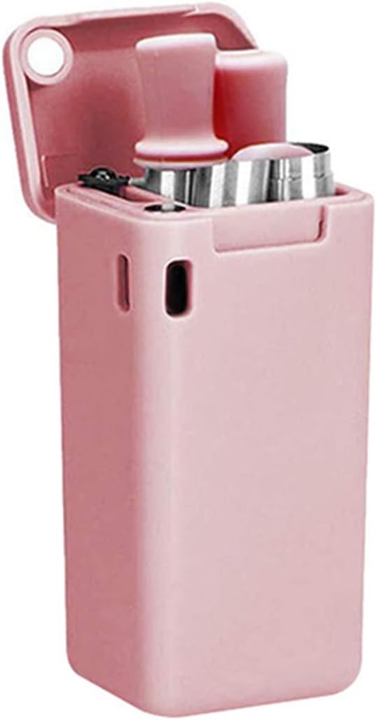 Foldable Straw with Storage Box, Reusable Folding Stainless Steel Straw, Portable Collapsible Set with Silicone Tip and Cleaner Brush for Travel Home Work (pink)