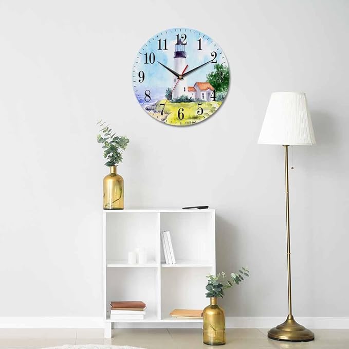 Mxocom Watercolor Lighthouse Wall Clock Building Green Hill Blue Skies House - Image 5