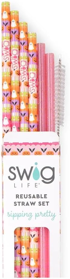 Swig Life Reusable Straws Trick or Treat Tall Straw Set & Cleaning Brush, Each Straw is 10.25 inch Long (Fits Swig Life 20oz, 22oz, and 32oz Tumblers)