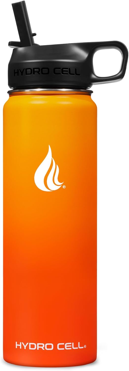 HYDRO CELL Stainless Steel Insulated Water Bottle with Straw - For Cold & Hot Drinks - Metal Vacuum Flask with Screw Cap and Modern Leakproof Sport Thermos for Adults (Red/Orange 24oz)