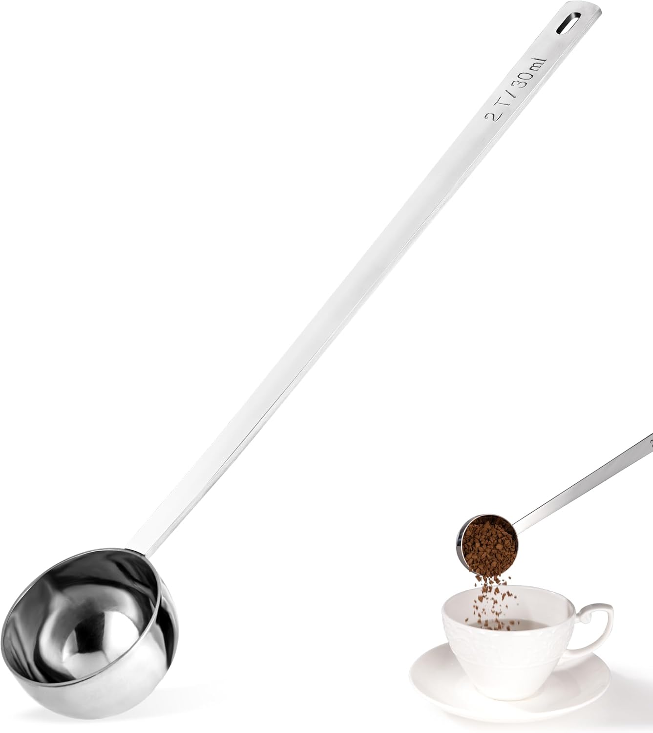 Long Handle Coffee Scoop, 18/8 Stainless Steel Food Grade Measuring Spoon for Coffee Beans Powders Sugar, 10.2in Long Metal Scoop Tablespoon for Easy Container Reach (2tbsp/ 30ml)