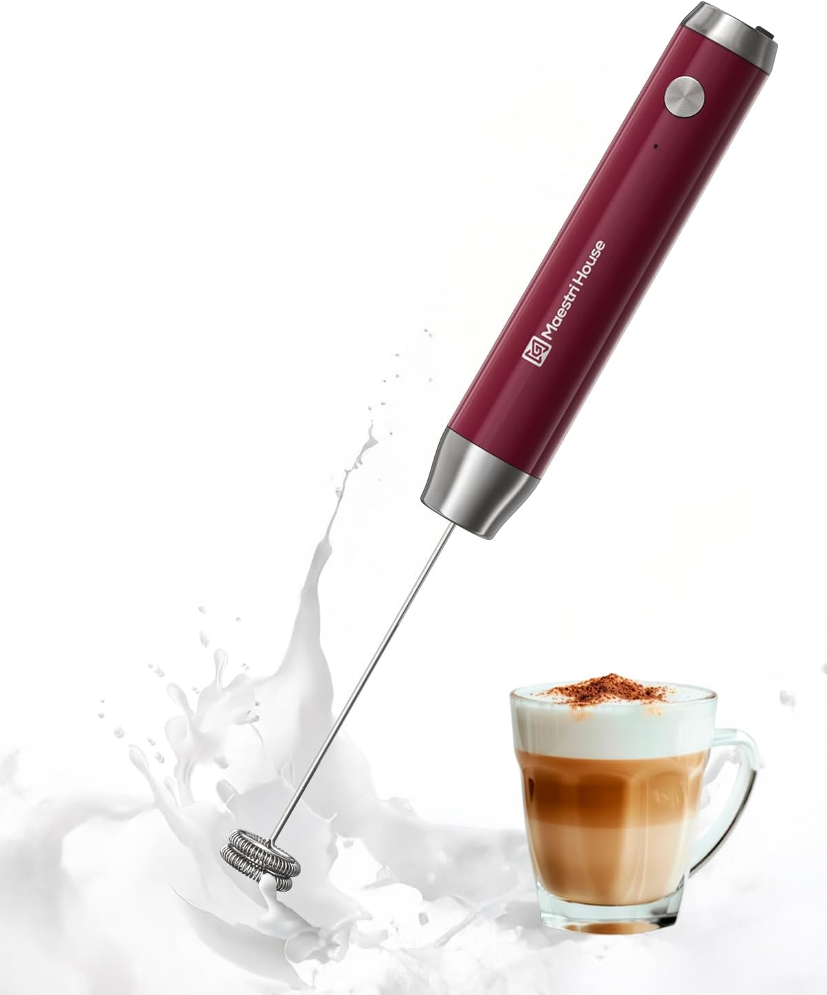 Maestri House Rechargeable Milk Frother, Adjustable 2-Speed Handheld Electric Foam Maker Waterproof Detachable Stainless Steel Whisk Drink Mixer Foamer for Lattes, Cappuccino, No Stand
