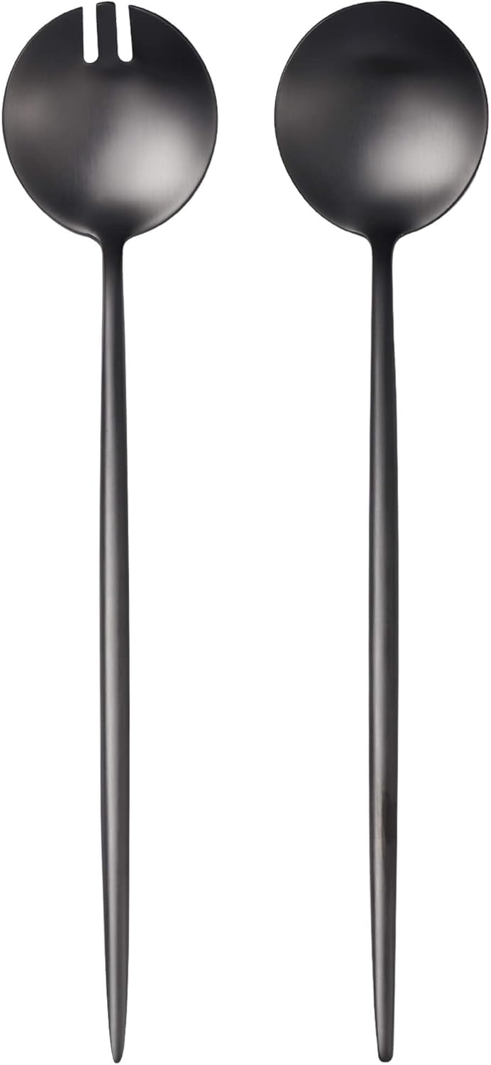 Lemeya Black Salad Serving Utensils,Serving Spoons Stainless Steel,2Pcs Long Handle Salad Servers 11.42 Inch,Salad Utensils for Serving,Matte Finish,Dishwasher Safe