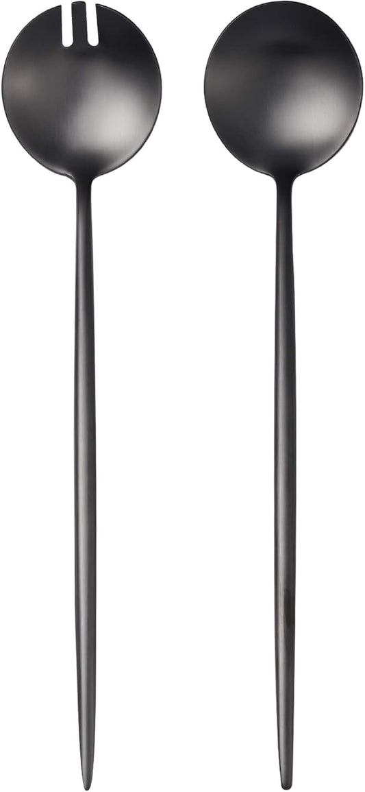 Lemeya Black Salad Serving Utensils,Serving Spoons Stainless Steel,2Pcs Long Handle Salad Servers 11.42 Inch,Salad Utensils for Serving,Matte Finish,Dishwasher Safe