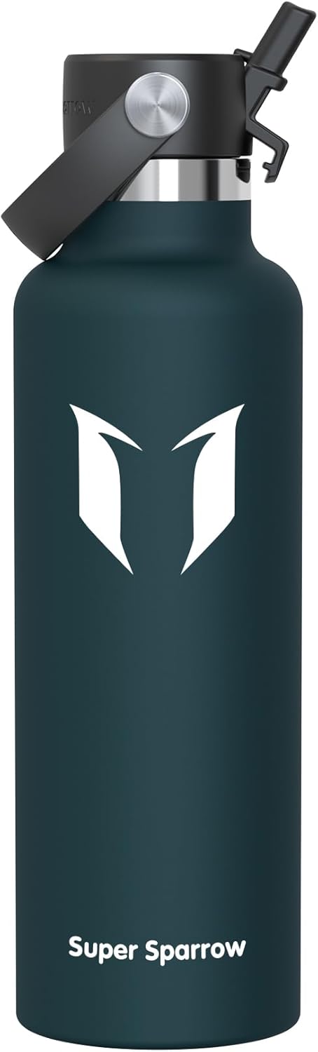 Super Sparrow Insulated Water Bottle - 17 Oz / 25 Oz / 32 Oz - Standard Mouth FlipFlow Flask - BPA Free, Leak Proof Drink Bottle- Ergonomic Straw Water Bottles for Work, Gym, Travel, Sports