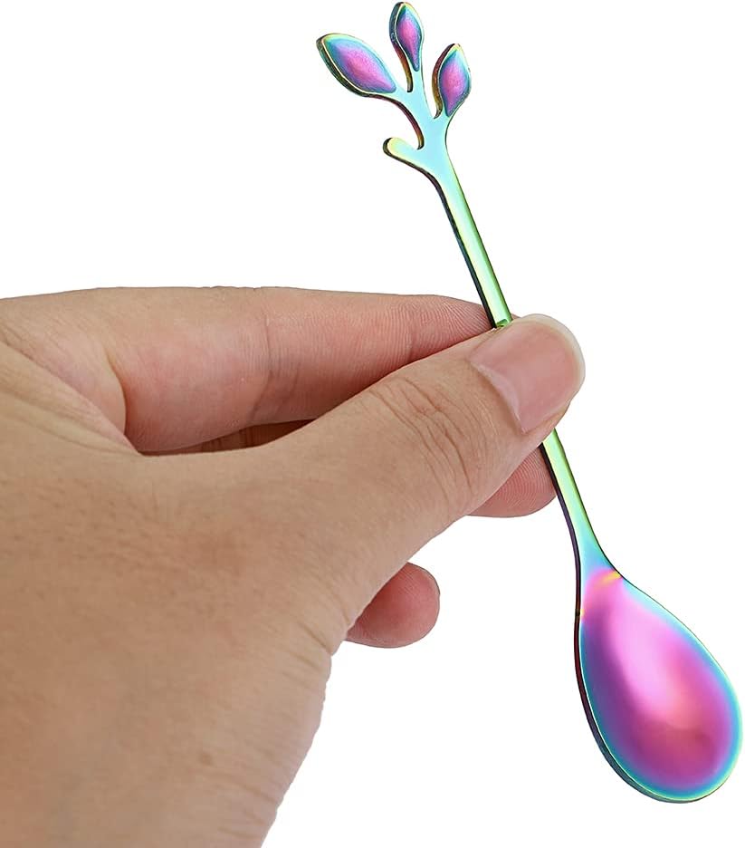 AnSaw Elegant Rainbow Leaf Coffee Spoons - 10-Piece, 4.7" Mini Stainless Steel Espresso & Dessert Tea Spoons, Perfect for Demitasse & Small Servings