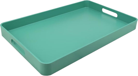 Green Decorative Serving Tray with Handles, Plastic Coffee Table Tray for Outdoor Patio, Living Room, Ottoman, Bathroom Counter, 10.2”*15.7”*1.4”