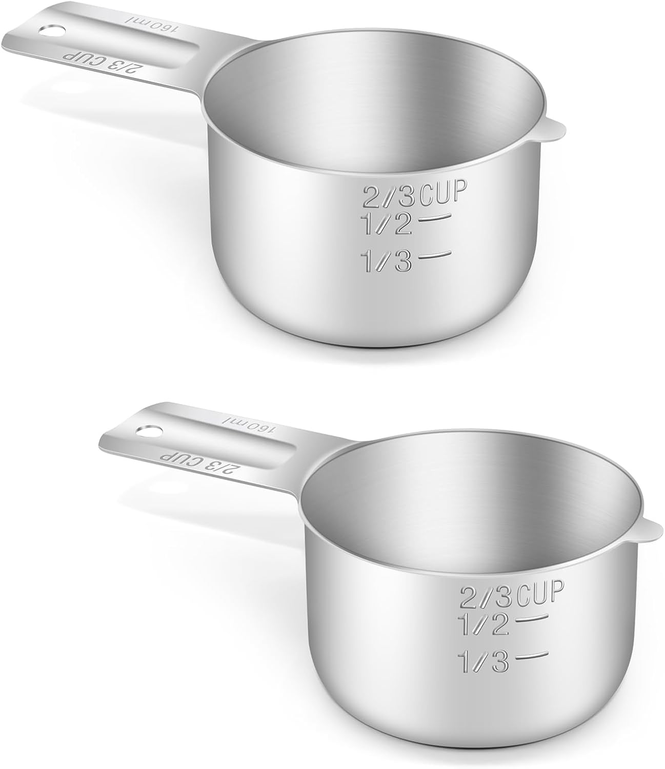 2PCS 2/3Cup (160ml, 5.3oz) Single Measuring Cup, Stainless Steel Measure Scoop, Metric and US Measurement, Dishwasher Safe