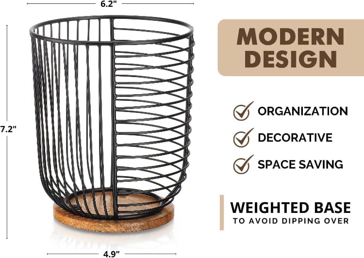 Coffee Pod Holder -Black Wire K Cup Storage with Wooden Base - Large Capacity Slim Design - Modern Coffee Basket Decor for Kitchen Countertop for Keurig Kcups & Espresso Capsules