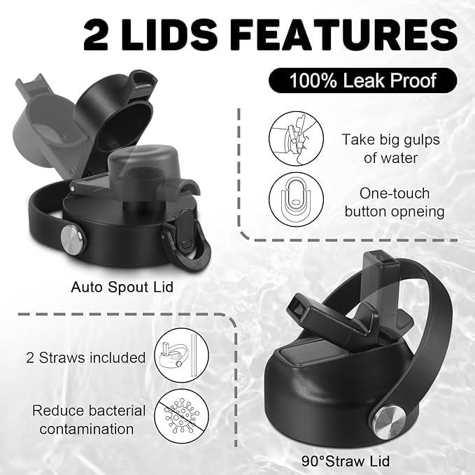 32oz Black Water Bottle Stainless Steel, Keep Cold 24H&Hot 12H, Water Bottle with Straw&Spout Lids, Insulated Water Bottle Double Wall Vacuum, Fit in Any Car Cup Holder, Leak-proof BPA Free