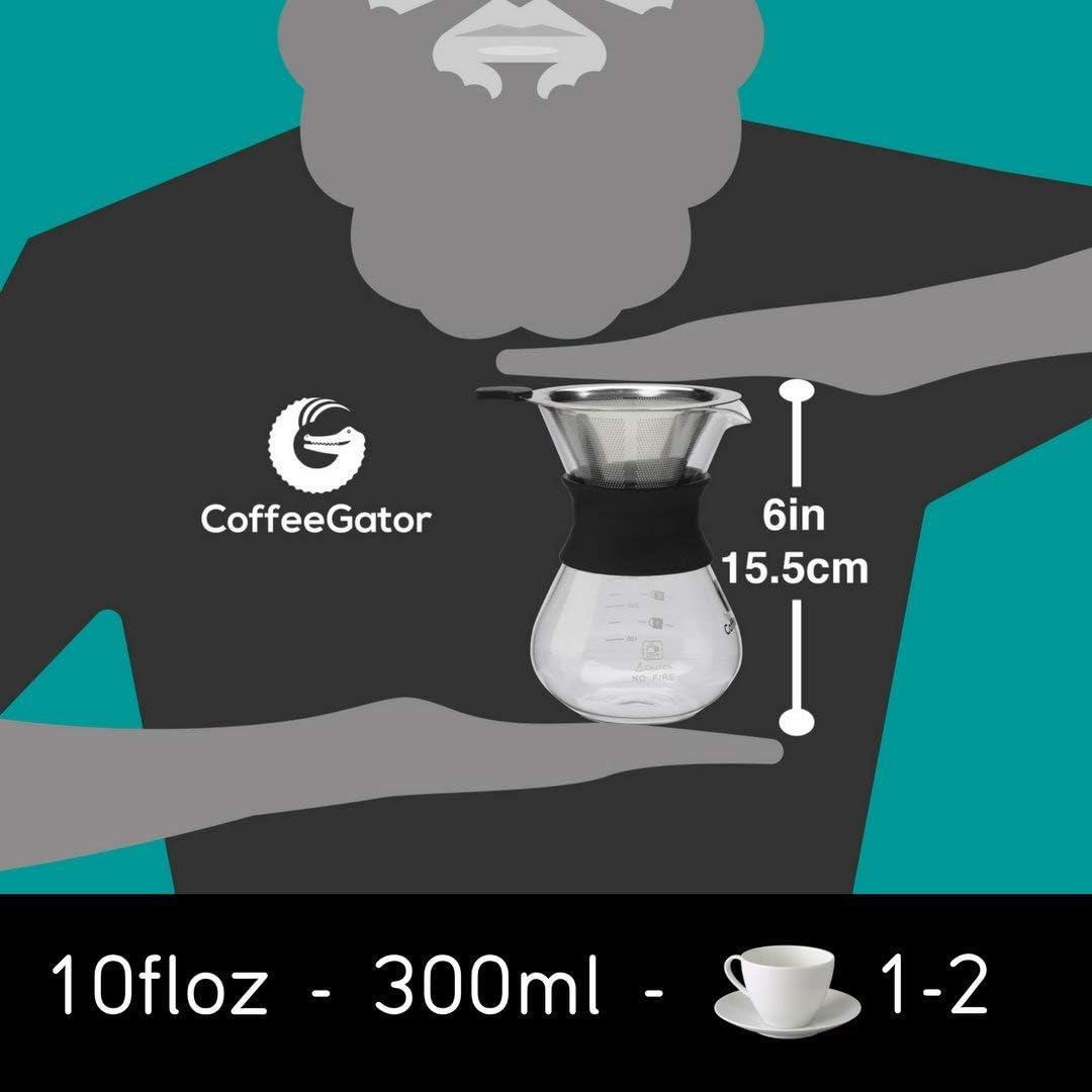 Coffee Gator Pour Over Coffee Maker Portable - 10.5oz High Heat Borosilicate Glass w/Reusable Stainless Steel Filter, Drip Coffee Brewer Pourover Dripper Set Carafe, 300ml Black