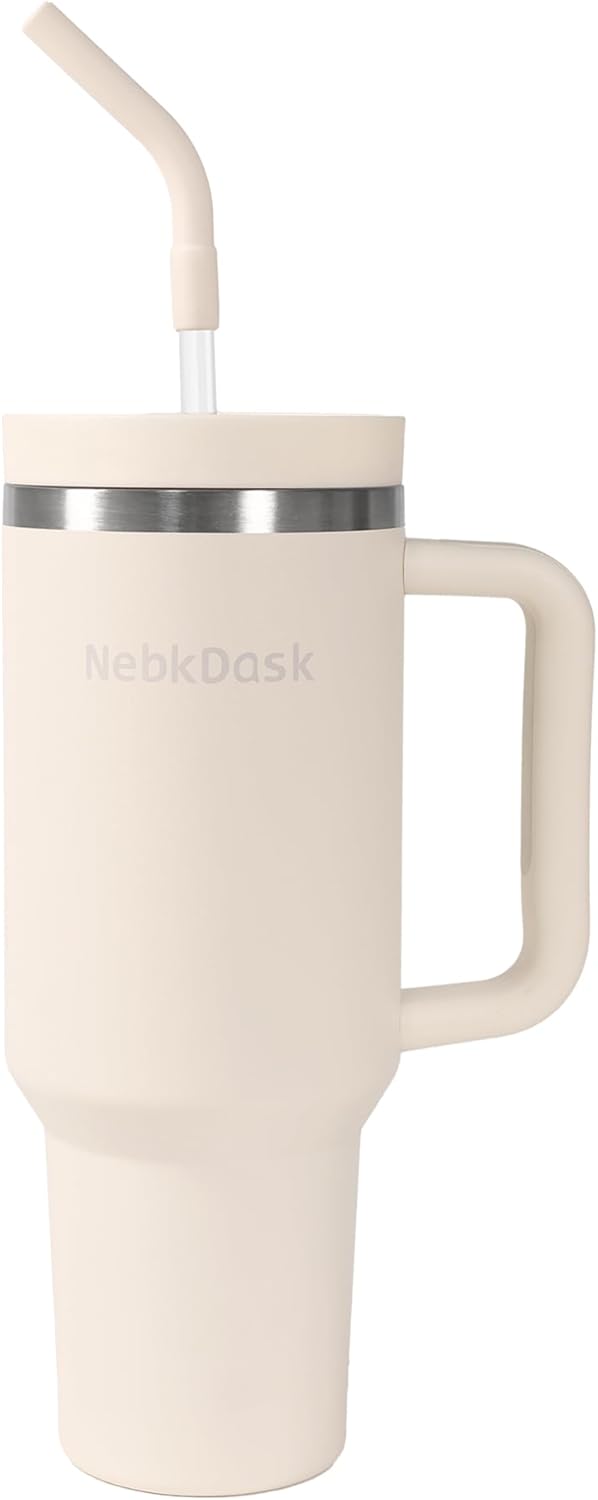 40 oz Water Bottle with Handle & Straw – Insulated Stainless Steel Bottle, Leakproof, Fits in Cup Holder – Reusable Cold Drink Thermos for Women & Men (off-White)