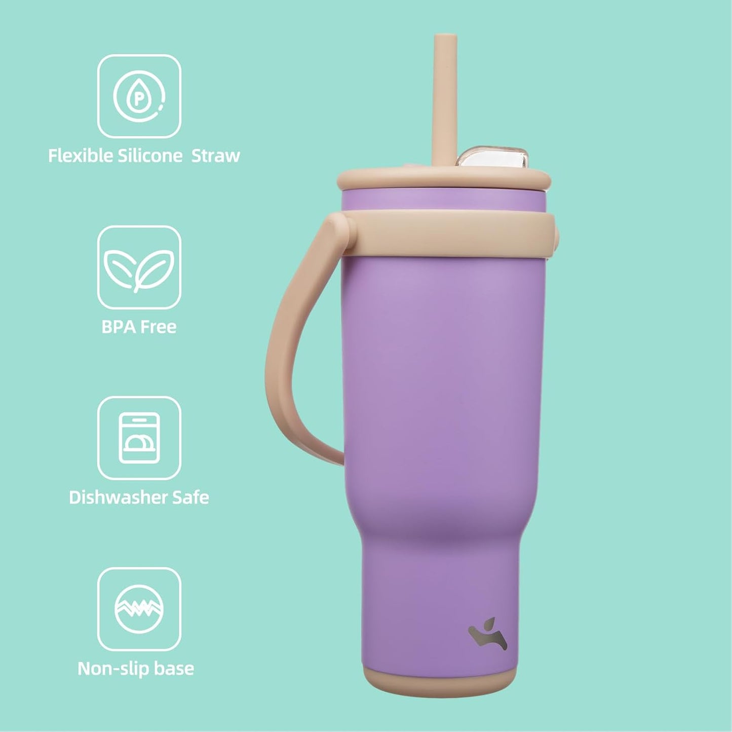 40 oz Tumbler with Side Handle, Insulated Water Bottle with Straw and 2 in 1 Lid, Stainless Steel Cup Travel Coffee Mug for Sports Office Gym,Purple