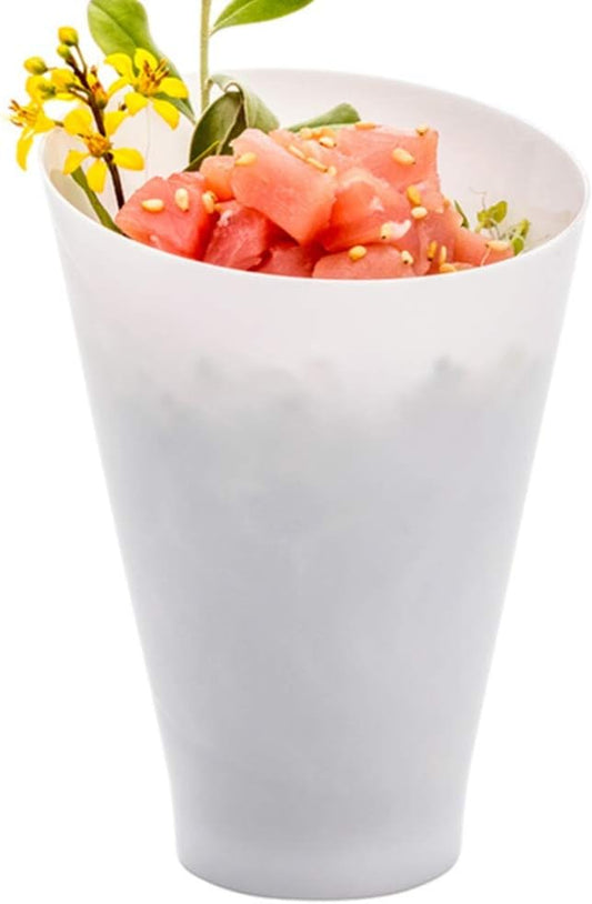 Restaurantware 7 Ounce Plastic Glasses 100 Round Incline Shooter Cups- Disposable Small White Plastic Round Bowls Unique Design For Soups Appetizers Or Desserts