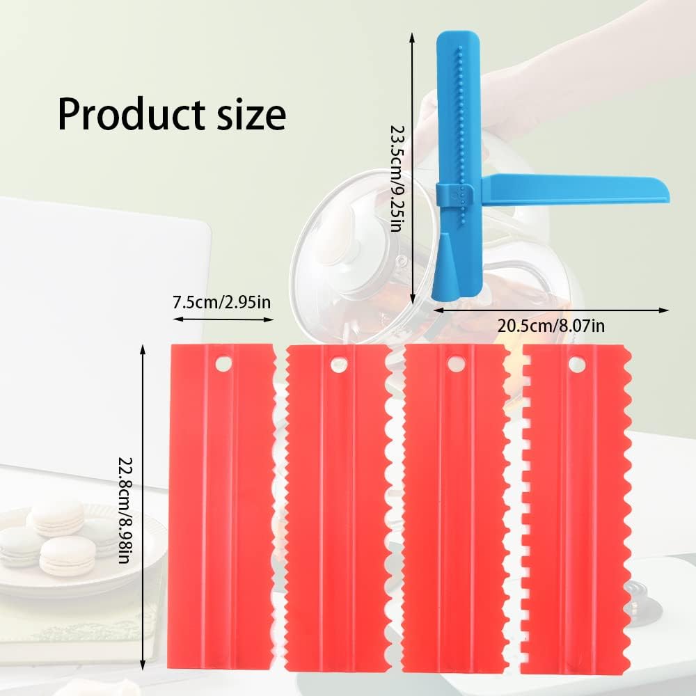 Adjustable Cake Scraper Smoother Tool,Cake Scraper Set,Double Sided Patterned Edge Smoothe Plastic Sawtooth Comb,Bench Scraper For Cake Decorating,Baking,cream Icing Smoother(4+1Pack)(Red,Blue)