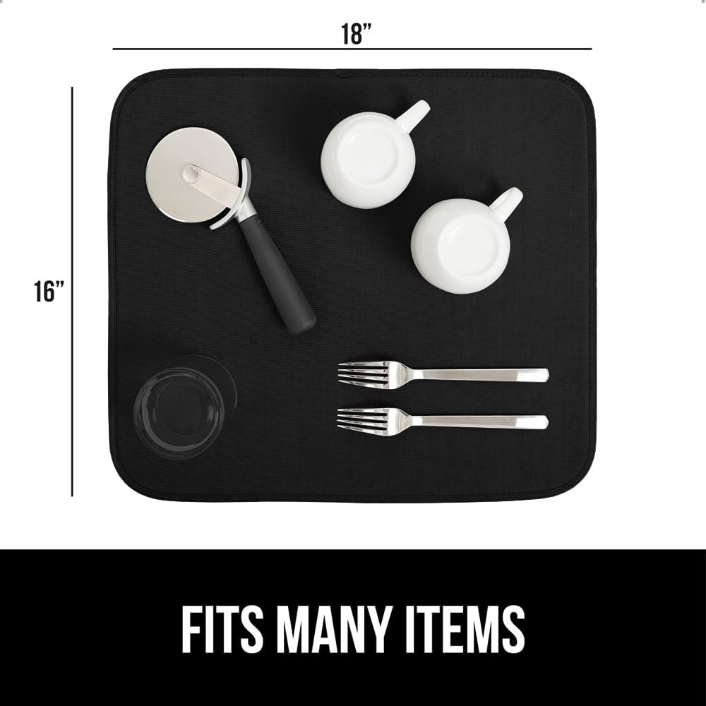 GORILLA GRIP Ultra Water Absorbent Microfiber Dish Drying Mat, Quick Dry Thick Mesh, Slip Resistant Pad for Sink Dishes or Under Rack, Kitchen Counter Accessories, 16x18, Machine Wash Mats, Black