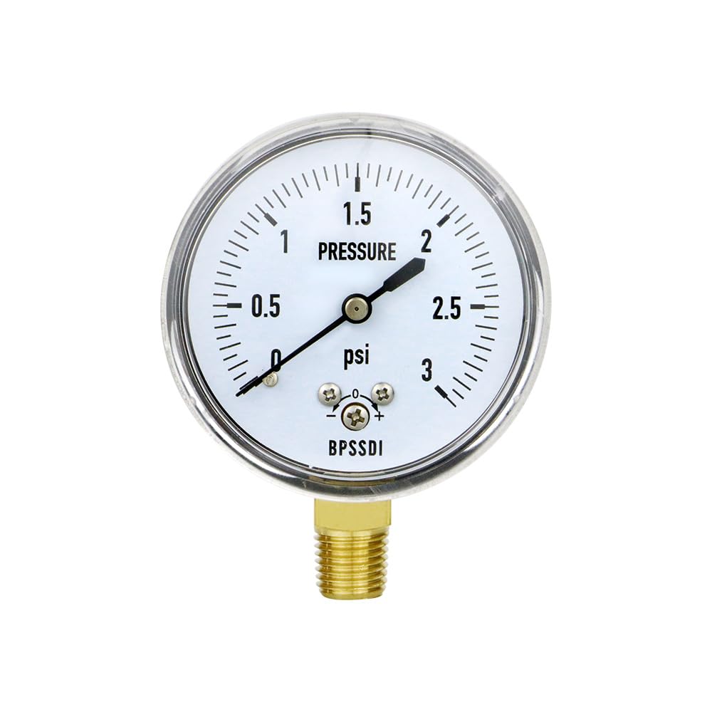 0-3 Psi Low Pressure Gauge, Capsule Gauge, 304 Stainless Steel Case, 2.5" Dial Size, 1/4" NPT Lower Mount, Zero Adjustment, for Air Water Gas Pressure Test