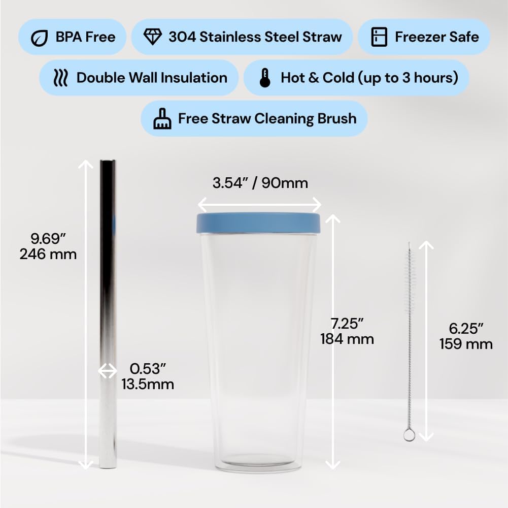 Dodoko Reusable Boba/Bubble Tea Cup - 17 oz with Lid & Straw; Cold Coffee/Smoothie Cup to Go - Breeze Blue