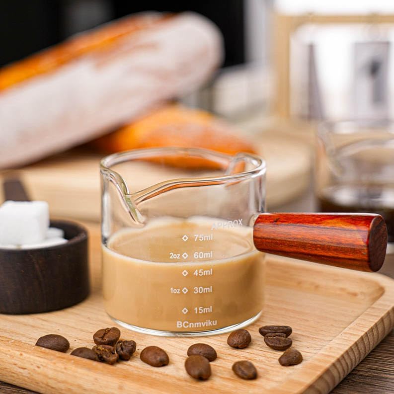 1 Pack Double Spouts Measuring Triple Pitcher Milk Cup with Wood Handle 75ML Espresso Shot Glasses Parts Clear Glass By BCnmviku